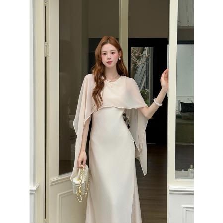 BY16572# 夏季新款法式优雅圆领纯色裙子雪纺拼接假两件连衣裙女  服裝批發女裝批發服飾貨源