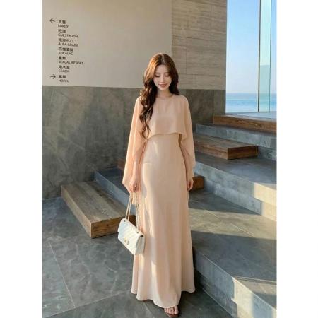 BY16572# 夏季新款法式优雅圆领纯色裙子雪纺拼接假两件连衣裙女  服裝批發女裝批發服飾貨源