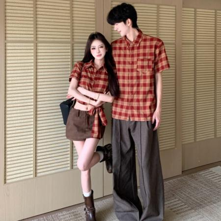 BY16574# 情侣装红格子绑带衬衫  服裝批發女裝批發服飾貨源