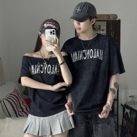 BY16575# 情侣装夏季斜肩短袖T恤男女新款休闲百搭一长一短  服裝批發女裝批發服飾貨源