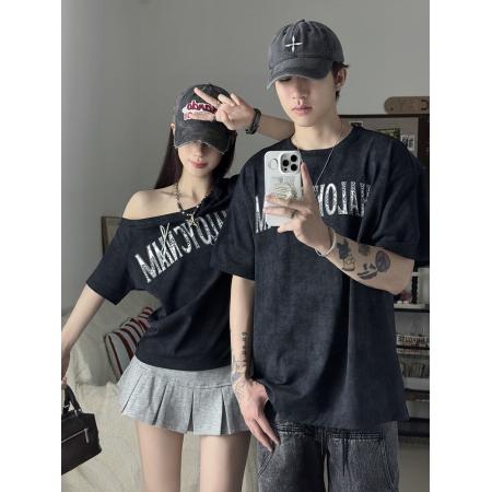 BY16575# 情侣装夏季斜肩短袖T恤男女新款休闲百搭一长一短  服裝批發女裝批發服飾貨源