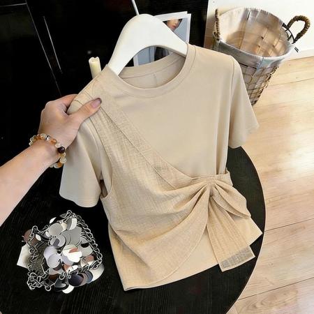 BY16576# 设计假两件拼接纱布短袖T恤夏季新款不规则微胖显瘦遮肉上衣  服裝批發女裝批發服飾貨源