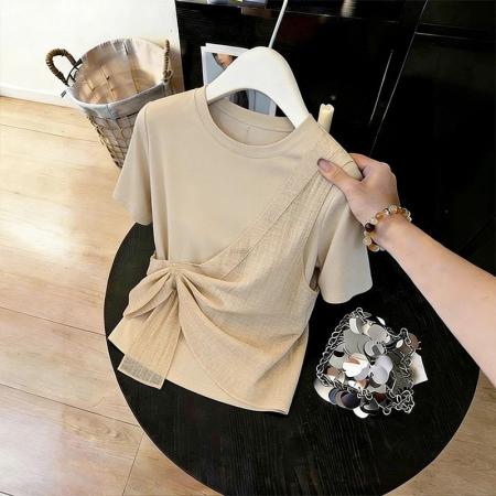 BY16576# 设计假两件拼接纱布短袖T恤夏季新款不规则微胖显瘦遮肉上衣  服裝批發女裝批發服飾貨源