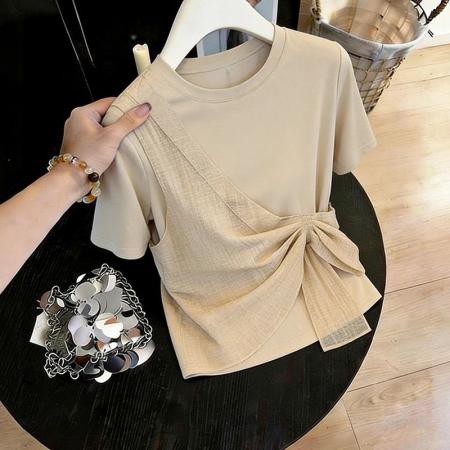 BY16576# 设计假两件拼接纱布短袖T恤夏季新款不规则微胖显瘦遮肉上衣  服裝批發女裝批發服飾貨源