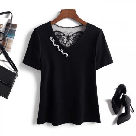 BY16577# 网红v领气质铆钉显瘦新款夏季短袖洋气美背蝴蝶减龄百搭小衫上衣  服裝批發女裝批發服飾貨源