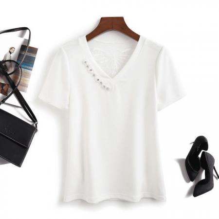 BY16577# 网红v领气质铆钉显瘦新款夏季短袖洋气美背蝴蝶减龄百搭小衫上衣  服裝批發女裝批發服飾貨源