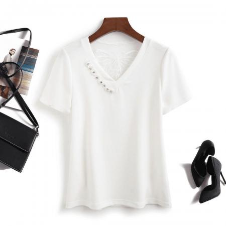 BY16577# 网红v领气质铆钉显瘦新款夏季短袖洋气美背蝴蝶减龄百搭小衫上衣  服裝批發女裝批發服飾貨源