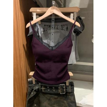 BY16578# 带胸垫V领蕾丝吊带女紧身显瘦辣妹风内搭设计感外穿短款上衣潮  服裝批發女裝批發服飾貨源