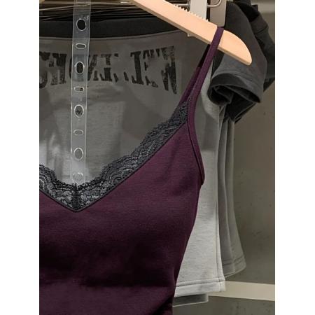 BY16578# 带胸垫V领蕾丝吊带女紧身显瘦辣妹风内搭设计感外穿短款上衣潮  服裝批發女裝批發服飾貨源