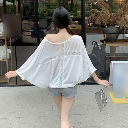 BY16579# 原版天丝羊绒蕾丝短袖T恤夏季空调防晒罩衫宽松蝙蝠袖  服裝批發女裝批發服飾貨源