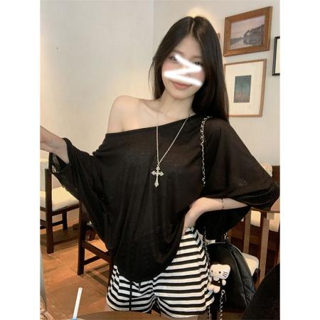 BY16579# 原版天丝羊绒蕾丝短袖T恤夏季空调防晒罩衫宽松蝙蝠袖  服裝批發女裝批發服飾貨源