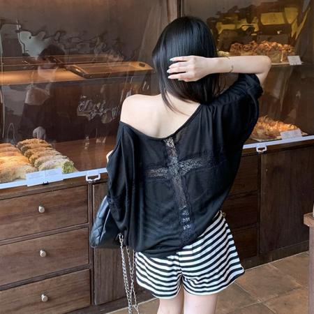 BY16579# 原版天丝羊绒蕾丝短袖T恤夏季空调防晒罩衫宽松蝙蝠袖  服裝批發女裝批發服飾貨源