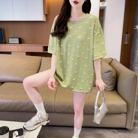 BY16585# 人棉竹节后包领中长款蝴蝶印花短袖T恤  服裝批發女裝批發服飾貨源