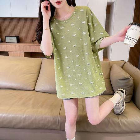 BY16585# 人棉竹节后包领中长款蝴蝶印花短袖T恤  服裝批發女裝批發服飾貨源