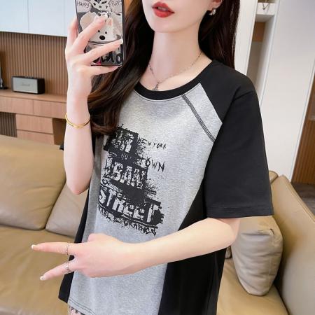 BY16586# 夏季新款螺纹后包领撞色显瘦短袖T恤女  服裝批發女裝批發服飾貨源