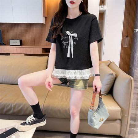 BY16587# 短袖t恤女夏季新款宽松时尚韩版大蝴蝶结蕾丝气质上衣女  服裝批發女裝批發服飾貨源