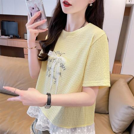 BY16587# 短袖t恤女夏季新款宽松时尚韩版大蝴蝶结蕾丝气质上衣女  服裝批發女裝批發服飾貨源