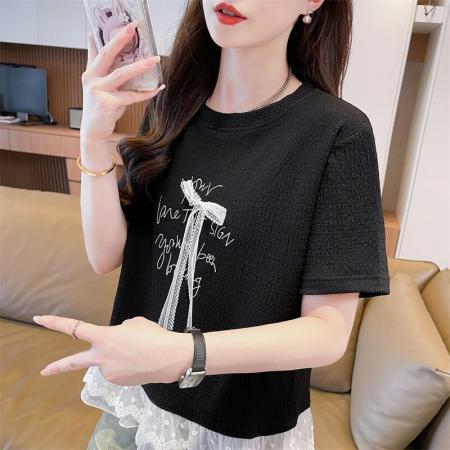 BY16587# 短袖t恤女夏季新款宽松时尚韩版大蝴蝶结蕾丝气质上衣女  服裝批發女裝批發服飾貨源
