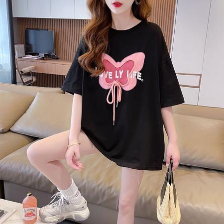 BY16588# 100%纯棉后包领韩版中长款重工印花短袖T恤女  服裝批發女裝批發服飾貨源