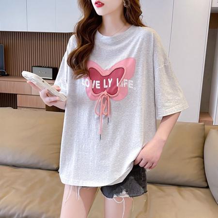 BY16588# 100%纯棉后包领韩版中长款重工印花短袖T恤女  服裝批發女裝批發服飾貨源