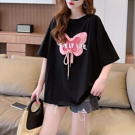 BY16588# 100%纯棉后包领韩版中长款重工印花短袖T恤女  服裝批發女裝批發服飾貨源