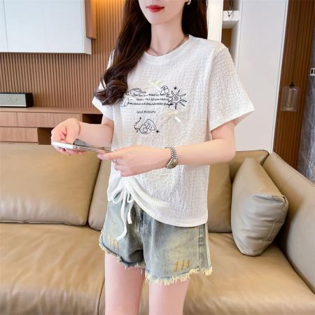 BY16589# 短袖t恤女夏季新款百搭时尚韩版抽绳蝴蝶结字母圆领上衣  服裝批發女裝批發服飾貨源