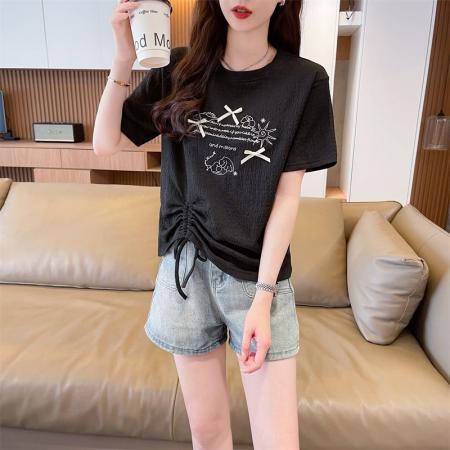 BY16589# 短袖t恤女夏季新款百搭时尚韩版抽绳蝴蝶结字母圆领上衣  服裝批發女裝批發服飾貨源