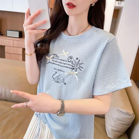BY16589# 短袖t恤女夏季新款百搭时尚韩版抽绳蝴蝶结字母圆领上衣  服裝批發女裝批發服飾貨源