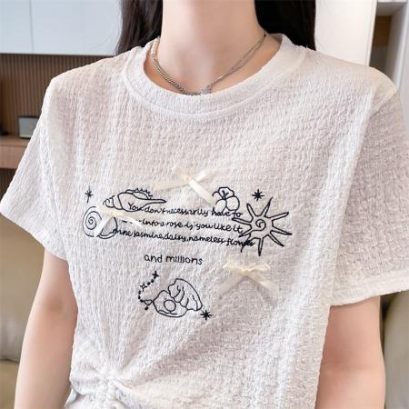 BY16589# 短袖t恤女夏季新款百搭时尚韩版抽绳蝴蝶结字母圆领上衣  服裝批發女裝批發服飾貨源