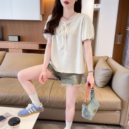 BY16590# 短袖t恤女夏季新款韩版蝴蝶结花苞袖紫色百搭上衣女  服裝批發女裝批發服飾貨源