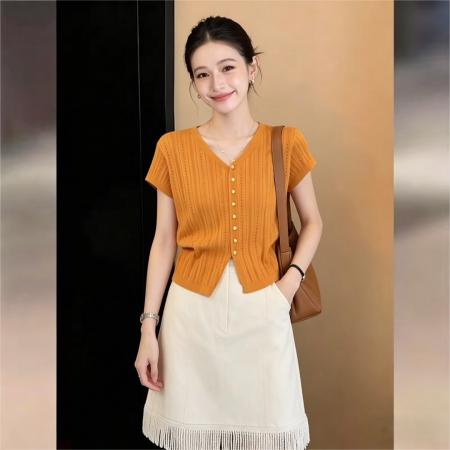 BY16591# 港风复古凉感短袖针织宽松百搭上衣夏百搭上衣  服裝批發女裝批發服飾貨源