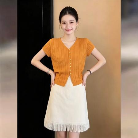 BY16591# 港风复古凉感短袖针织宽松百搭上衣夏百搭上衣  服裝批發女裝批發服飾貨源