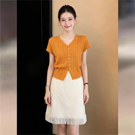 BY16591# 港风复古凉感短袖针织宽松百搭上衣夏百搭上衣  服裝批發女裝批發服飾貨源