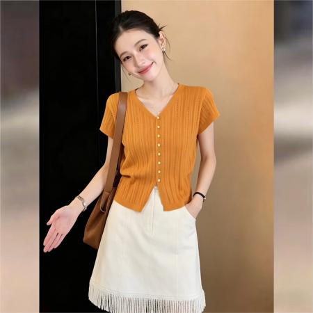 BY16591# 港风复古凉感短袖针织宽松百搭上衣夏百搭上衣  服裝批發女裝批發服飾貨源