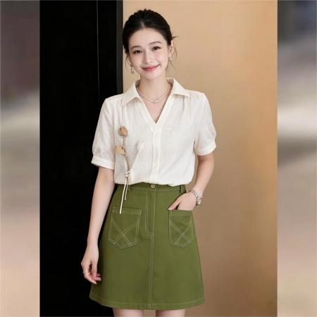 BY16592# 法式复古立体花瓣短袖衬衫女夏宽松百搭上衣  服裝批發女裝批發服飾貨源