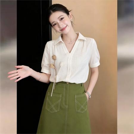 BY16592# 法式复古立体花瓣短袖衬衫女夏宽松百搭上衣  服裝批發女裝批發服飾貨源