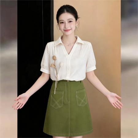 BY16592# 法式复古立体花瓣短袖衬衫女夏宽松百搭上衣  服裝批發女裝批發服飾貨源