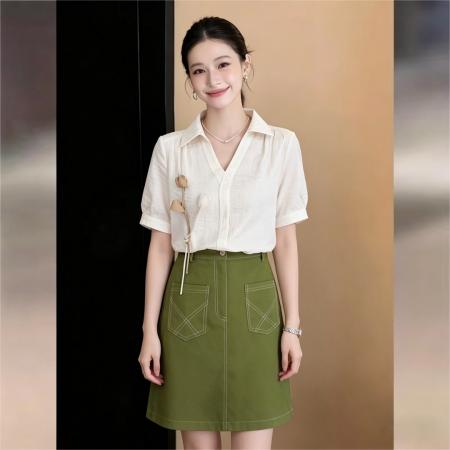 BY16592# 法式复古立体花瓣短袖衬衫女夏宽松百搭上衣  服裝批發女裝批發服飾貨源