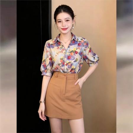 BY16593# 韩式通勤风别致印花翻领短袖衬衫女夏宽松休闲上衣  服裝批發女裝批發服飾貨源