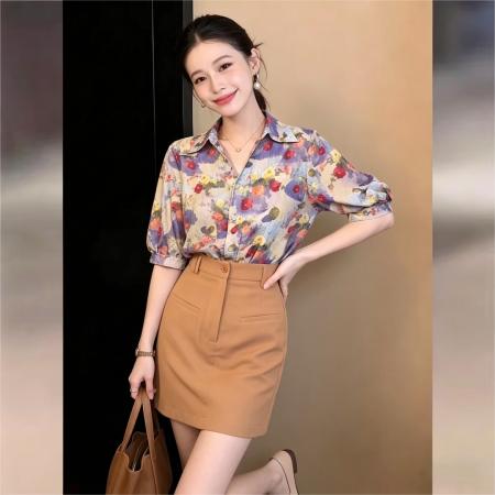 BY16593# 韩式通勤风别致印花翻领短袖衬衫女夏宽松休闲上衣  服裝批發女裝批發服飾貨源