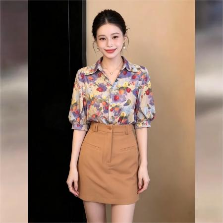 BY16593# 韩式通勤风别致印花翻领短袖衬衫女夏宽松休闲上衣  服裝批發女裝批發服飾貨源