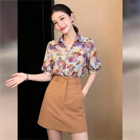 BY16593# 韩式通勤风别致印花翻领短袖衬衫女夏宽松休闲上衣  服裝批發女裝批發服飾貨源
