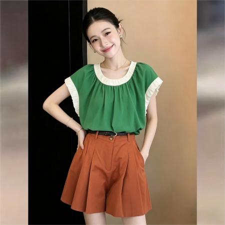 BY16594# 法式拼色圆领上衣女新款夏季通勤宽松轻薄款衬衣  服裝批發女裝批發服飾貨源