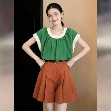 BY16594# 法式拼色圆领上衣女新款夏季通勤宽松轻薄款衬衣  服裝批發女裝批發服飾貨源