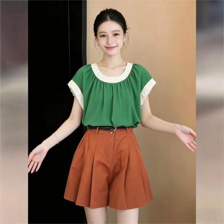 BY16594# 法式拼色圆领上衣女新款夏季通勤宽松轻薄款衬衣  服裝批發女裝批發服飾貨源