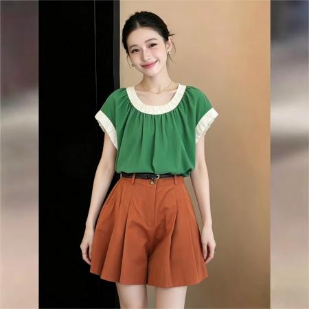 BY16594# 法式拼色圆领上衣女新款夏季通勤宽松轻薄款衬衣  服裝批發女裝批發服飾貨源