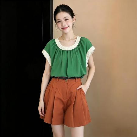 BY16594# 法式拼色圆领上衣女新款夏季通勤宽松轻薄款衬衣  服裝批發女裝批發服飾貨源