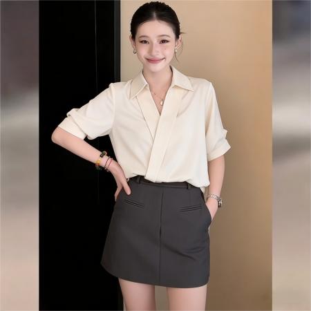 BY16596# 法式翻领短袖衬衫上衣女夏季高级感气质通勤宽松衬衣  服裝批發女裝批發服飾貨源