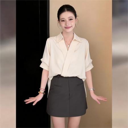 BY16596# 法式翻领短袖衬衫上衣女夏季高级感气质通勤宽松衬衣  服裝批發女裝批發服飾貨源