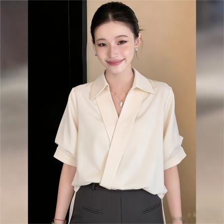 BY16596# 法式翻领短袖衬衫上衣女夏季高级感气质通勤宽松衬衣  服裝批發女裝批發服飾貨源